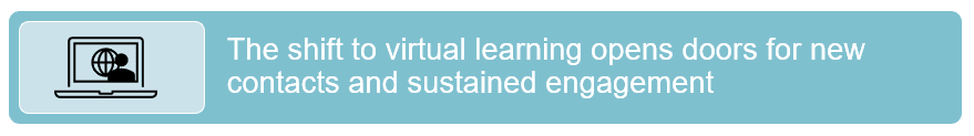 Blue icon with the text "The shift to virtual learning opens doors for new contacts and sustained engagement".