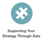 A white puzzle piece icon in a blue circle with the text "Supporting Your Stratefy Through Data".