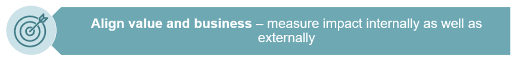 Blue icon with white text "Align value and business - measure impact internally as well as externally".