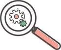 A outlined cartoon magnefying glass with gears in the center symbolizing research.